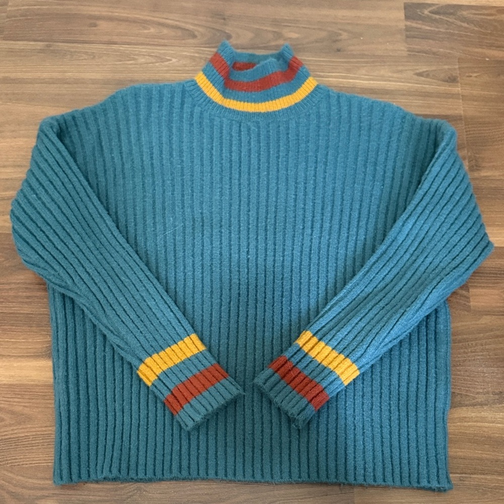 Teal Ribbed Women’s Sweater with Striped Accents